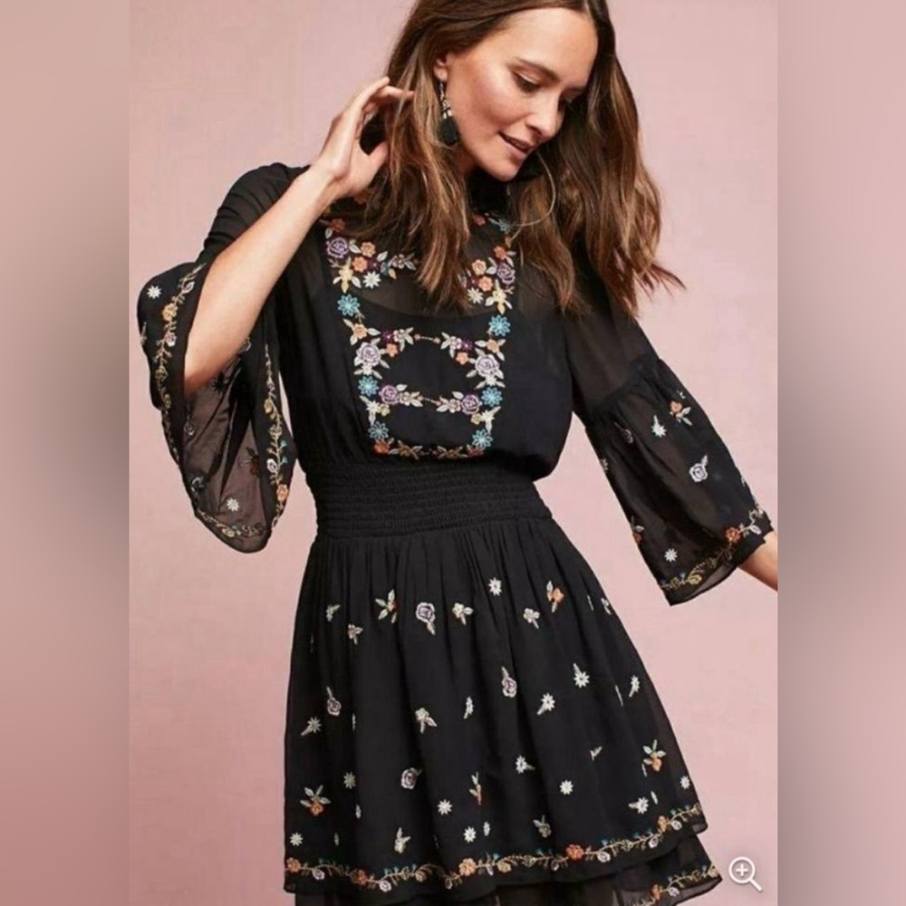 Maeve Anthropologie Anfisa Dress Floral Embroidered Boho Chic Folk Art Bohemian